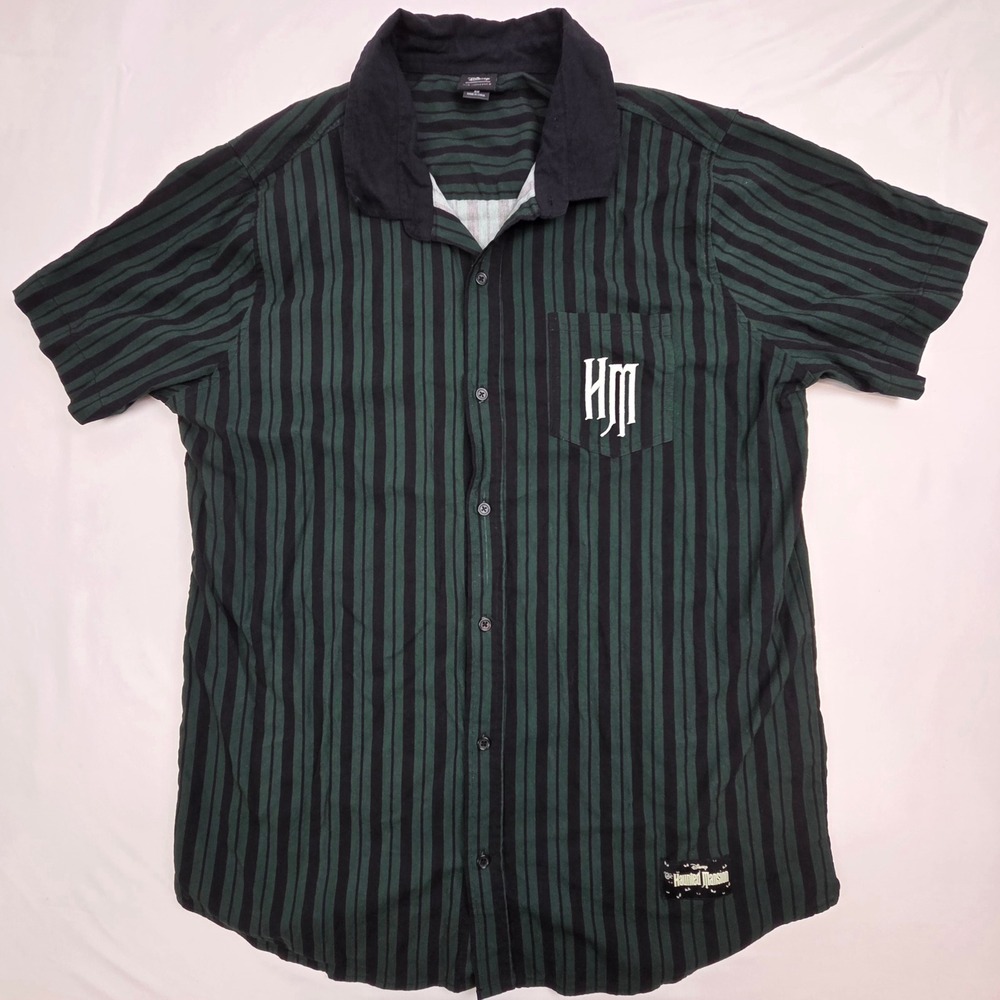 Disney Unisex Haunted Mansion Striped Button Down Shirt 2X Green Black Gothic